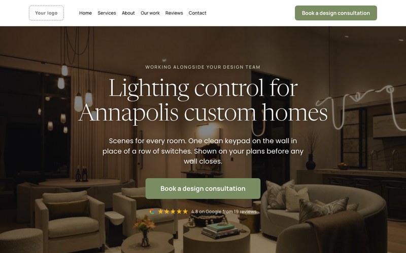 Concept rebuild of an Annapolis integrator's lighting control page: a dark lounge with pendant lights, the headline Lighting control for Annapolis custom homes, a sage button, 4.8 Google stars