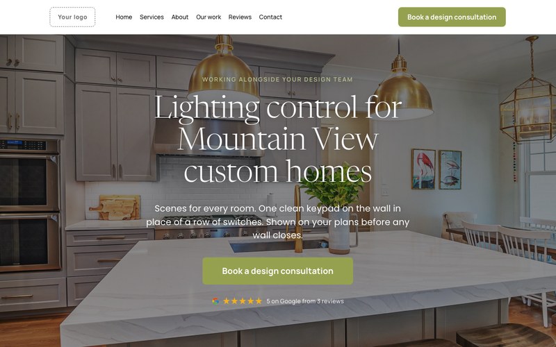 Concept rebuild of a Mountain View integrator's lighting control page: a kitchen under brass pendants, the headline Lighting control for Mountain View custom homes, an olive button