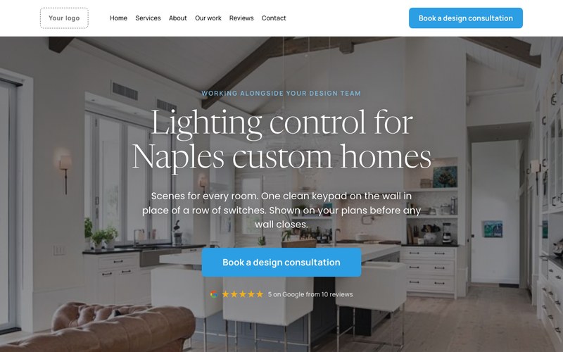 Concept rebuild of a Naples integrator's lighting control page: a vaulted kitchen with sconces and pendants, the headline Lighting control for Naples custom homes, a blue button, 5.0 Google stars