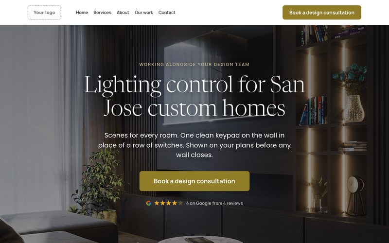 Concept rebuild of a San Jose integrator's lighting control page: lit shelving in a dark living room, the headline Lighting control for San Jose custom homes, a gold button